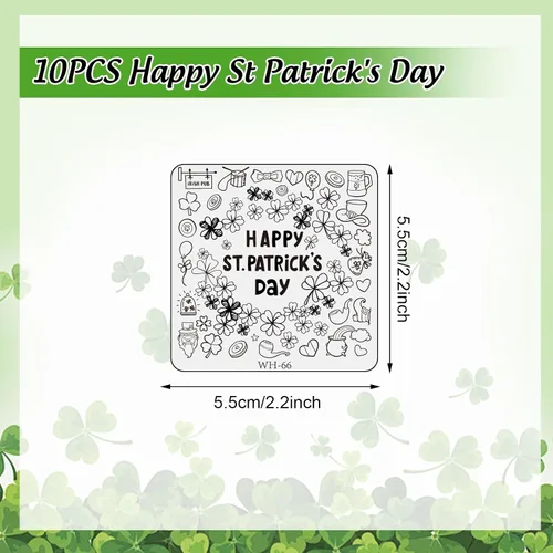 Miniatura 3 de Whaline Juego de 10 placas de estampado de arte de uñas del día de San Patricio, plantillas de sello de imagen de gnomo de trébol, trébol