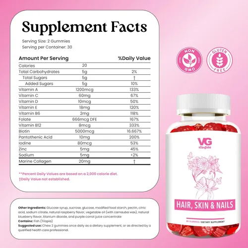 Miniatura 2 de VITA GLOBE Gomitas de colágeno para cabello, piel y uñas + 20 mg con vitaminas A, C, D, E, B6 y biotina, suplemento de belleza y bienestar para un