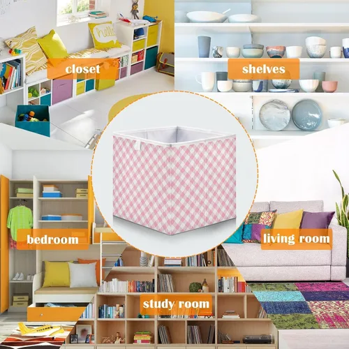 Miniatura 6 de Cesta de almacenamiento plegable de cuadros rosa de 11 x 11 x 11 pulgadas, cubo de almacenamiento para decoración del hogar, cesta de almacenamiento