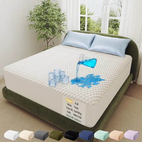 OhGeni - Protector de colchón 100% impermeable tamaño Queen, almohadilla suave para colchón, resistente al pelo de mascotas y a la enuresis 1- Blanco