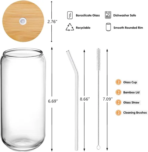 Miniatura 7 de Juego de 2 tazas de vidrio con tapas y pajitas, tazas de café helado con tapas para cerveza fría y cerveza, vidrio en forma de lata de 20 onzas