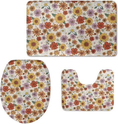 UNICEU Alfombras de baño de 3 piezas, diseño de margaritas hippie, girasol, suave, absorbente, alfombrilla de baño + alfombrilla de contorno en