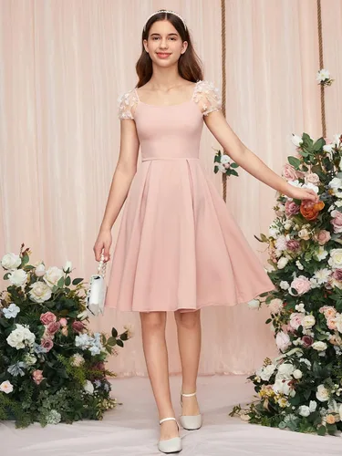 Miniatura 6 de WDIRARA Vestido de malla con apliques de malla con cuello cuadrado y dobladillo con volantes para niña
