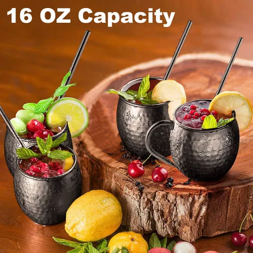 Miniatura 6 de DUNCHATY Moscow Mule - Juego de 4 tazas de regalo negras de acero inoxidable martillado sólido puro para beber, 16 onzas, seguro para alimentos