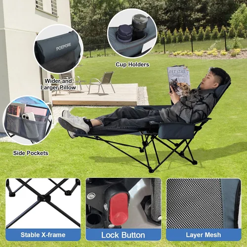 Miniatura 5 de Paquete de 2 sillas reclinables de camping de 4 posiciones con reposapiés, cómoda para adultos, silla de playa plegable de malla de 265 libras