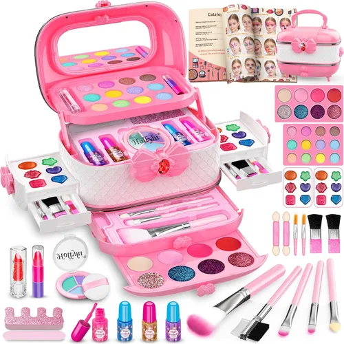 Hollyhi Kit de Maquillaje de 58 Piezas para Niñas, Juguetes de Princesa, Set de Cosméticos Reales Lavables con Espejo, Sets de Maquillaje para