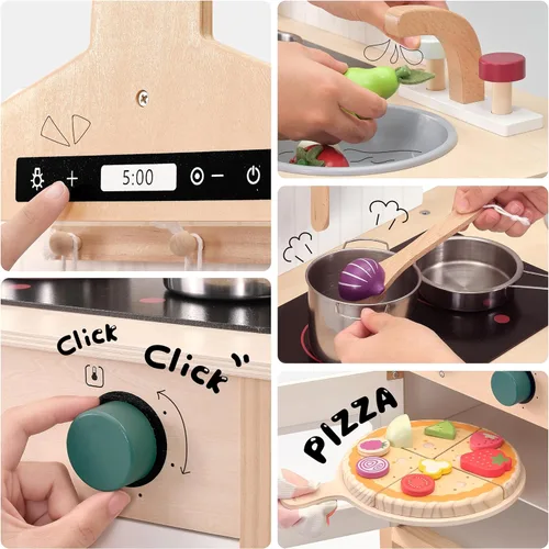 Miniatura 3 de Cocina de juego de madera para niños, juguetes de madera de altura ajustable, set de juego de cocina para niños, juguetes de cocina de diseño