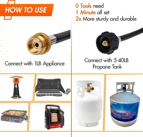 Miniatura 3 de GASPOWOR Manguera de propano, manguera adaptadora de propano de 5 pies, adaptador de tanque de propano de 1 libra a 20 libras, manguera convertidora