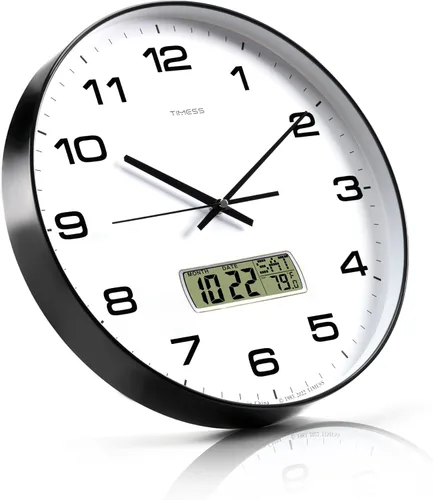 Miniatura 2 de TIMESS Reloj de Pared, Esfera Grande de 14" Sin Tic-Tac Silencioso Operado por Batería Analógico con Pantalla LCD para Calendario Perpetuo y Negro