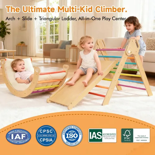 Miniatura 6 de Juego de triángulo Pikler grande con almohadón, gimnasio de la jungla plegable de 7 en 1 con rampa y arco, juguetes de escalada montessori de madera