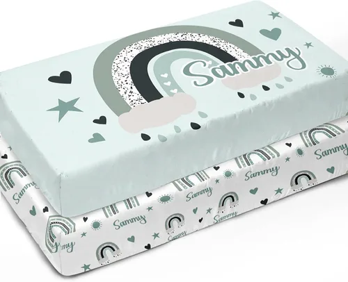 Miniatura 9 de Sábanas verdes personalizadas para cuna, sábana bajera ajustable de bebé con nombre personalizado para funda de colchón de cuna estándar, paquete