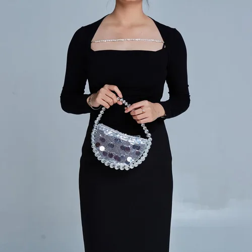 Miniatura 3 de Uhawi Bolso de mano con diamantes de imitación para mujer, bolso de noche con purpurina brillante, hecho a mano, fiesta, boda, plateado
