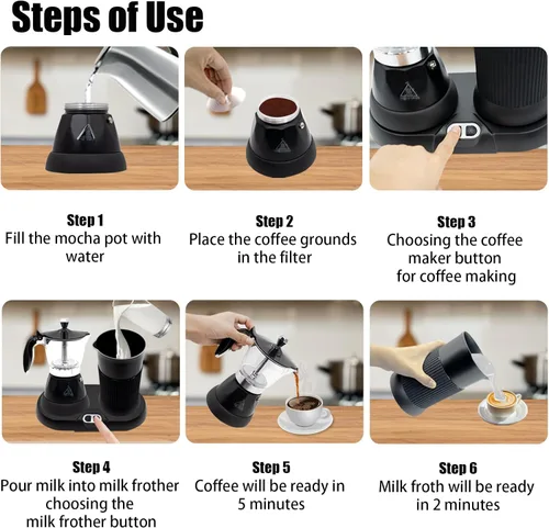 Miniatura 9 de Máquina de café expreso con espumador de leche, olla eléctrica de moka 2 en 1, máquina de café expreso de aluminio con un solo toque, espuma de Negro