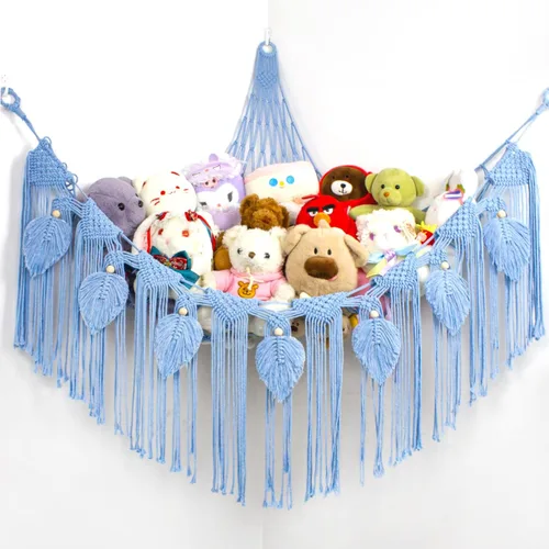 Hamaca de animales de peluche, red de peluche en la esquina para almacenamiento de animales de peluche, red montada en la pared, organizador de Azul