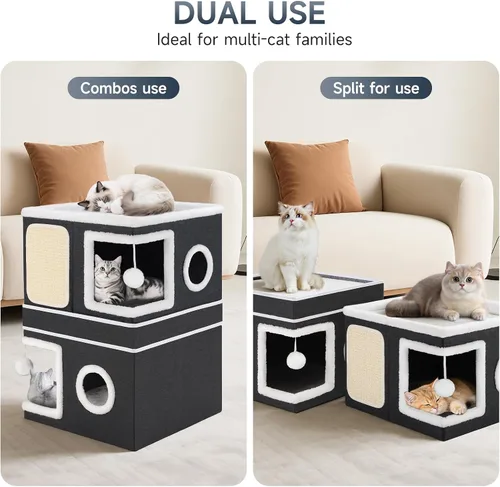 Miniatura 2 de Casa de Gato de 2 Pisos para Gatos de Interior, Separable en 2 Grandes Camas de Gato Cueva con Condominios Escondidos, Almohadillas para Rascar