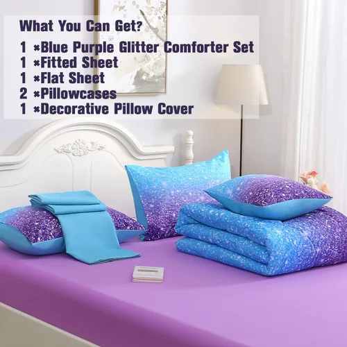 Miniatura 4 de Juego de ropa de cama de 6 piezas con purpurina y sábanas para adolescentes, niñas y niños, cama temática de purpurina con gradiente