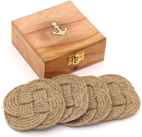 Juego de 4 posavasos con soporte de caja de madera, posavasos absorbentes para bebidas y mesa de café, posavasos hechos a mano con cuerda de yute,