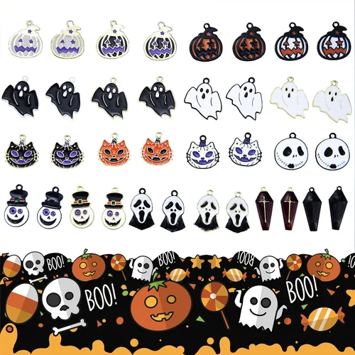Miniatura 4 de 36 colgantes de Halloween chapados en oro negro esmaltado calabaza fantasma, payaso mago, sombrero de mago de Halloween para hacer joyas, bricolaje