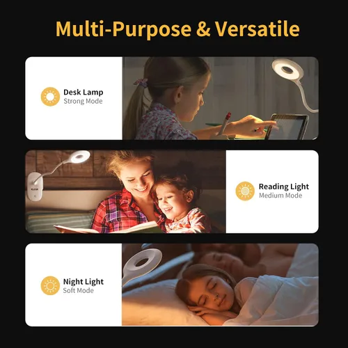 Miniatura 8 de KLEAH Luz de clip para cama y escritorio, lectura en cama, dormitorio, cuello de cisne flexible, lámpara de abrazadera recargable a pilas para Blanco