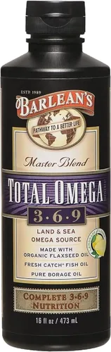 Barlean's Total Omega 3 6 9 Suplemento de aceite de pescado líquido con borraja y aceite de linaza 6,468 mg de Omegas EPA, DHA, ALA y GLA para la