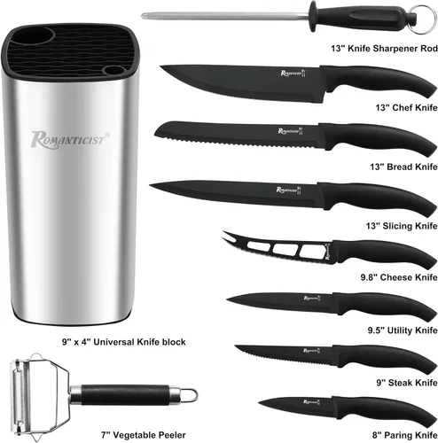 Miniatura 2 de ROMANTICIST Juego de cuchillos de cocina, juego de 10 piezas de cuchillos de acero inoxidable de alto carbono con bloque, juego de cuchillos negros