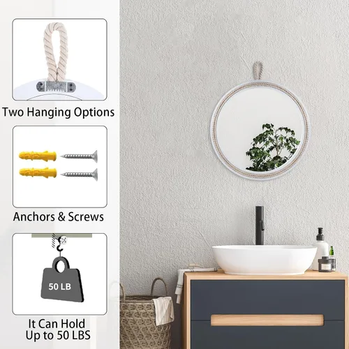 Miniatura 3 de Espejo decorativo pequeño de 11.4 pulgadas, espejo colgante redondo para pared, espejo de cuerda náutica para baño, oficina, sala de estar, todas