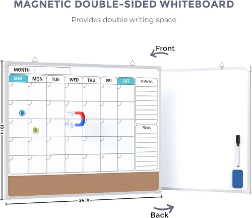 Miniatura 2 de MaxGear - Pizarra blanca mensual para pared, 24 x 18 pulgadas, pizarra de corcho de borrado en seco Double-Sided, Built-In Cork Bulletin Board