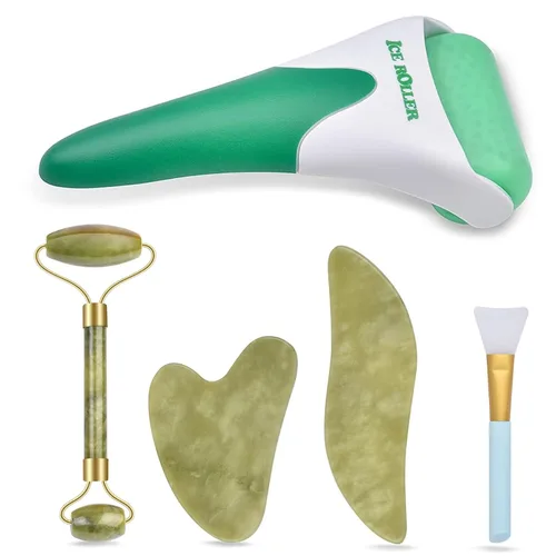 Charmonic Juego de rodillo de hielo 6 en 1, rodillo de jade y gua sha, kits de masaje facial, kit de rodillo facial con herramienta Gua Sha y 6