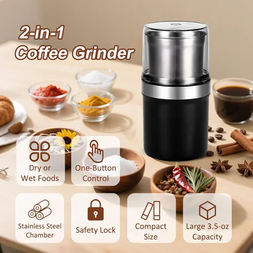 Miniatura 2 de Molinillo de especias, potente molinillo eléctrico de grano de café de 200 W con 2 cuencos de acero inoxidable extraíbles, capacidad de 3.53 oz