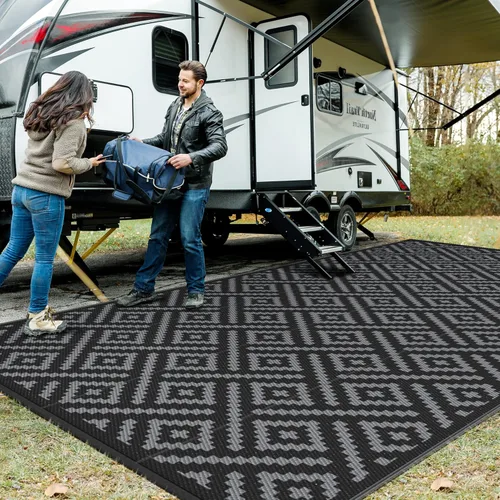 Miniatura 22 de GENIMO Alfombra de exterior impermeable de 5 x 8 pies, alfombras reversibles, alfombra de área, alfombra de plástico para exteriores, alfombra Negro