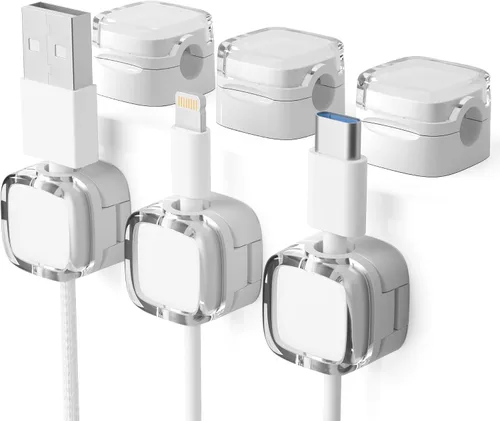 Miniatura 13 de Paquete de 6 organizadores magnéticos de cables y clips para cables, gestión de cables ajustables debajo del escritorio, soporte de alambre adhesivo
