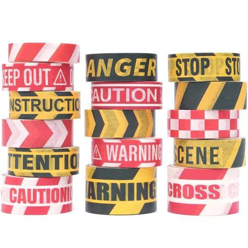 Caution Line - Juego de 16 rollos de cinta Washi de color amarillo y rojo, juguete de transporte de enmascaramiento, cintas decorativas para artes,