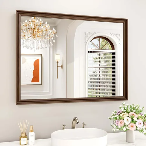Miniatura 33 de WEER - Espejo de baño dorado, espejo de 40x32 pulgadas con marco de metal dorado cepillado, espejo de tocador de baño de oro para pared