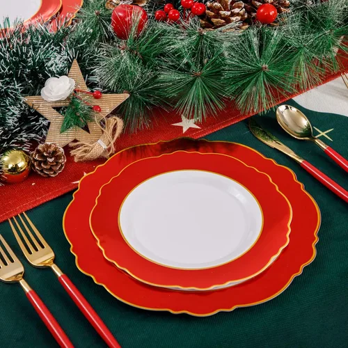 Miniatura 6 de WDF 30Guest - Platos de plástico rojo – cubiertos de plástico dorado con mango rojo – platos rojos desechables – Vajilla barroca de plástico
