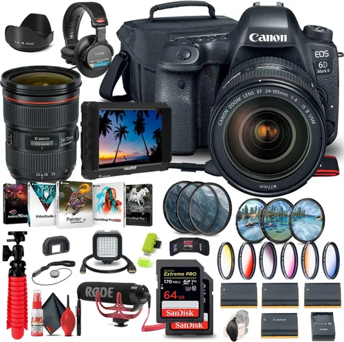 Canon Cámara DSLR EOS 6D Mark II con lente f/4L II de 0.945-4.134 in (1897C009) + monitor 4K + lente Canon EF de 0.945-2.756 in + micrófono Pro +