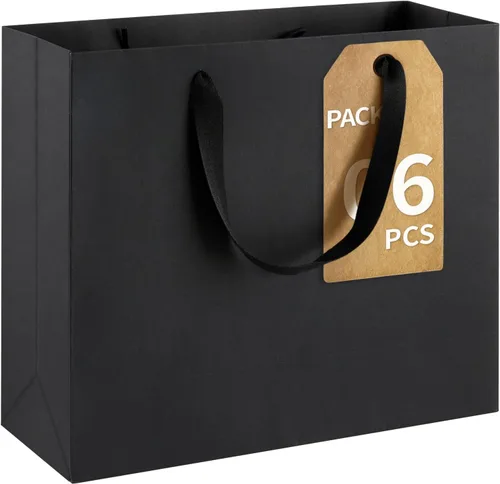 Ohuimrt 6 bolsas grandes de regalo negras con asas, 12.5 x 4.5 x 11 pulgadas, bolsas de papel negro mate de alta calidad para fiestas, compras,