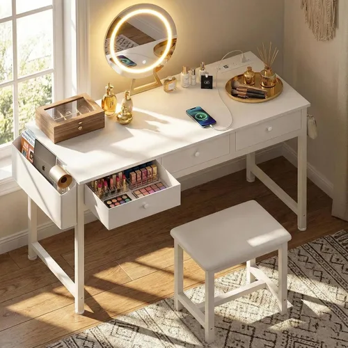 Miniatura 9 de Pequeño escritorio de maquillaje con luces, juego de tocador para niñas de 31 pulgadas con espejo y silla, tocador de maquillaje con cajones y toma