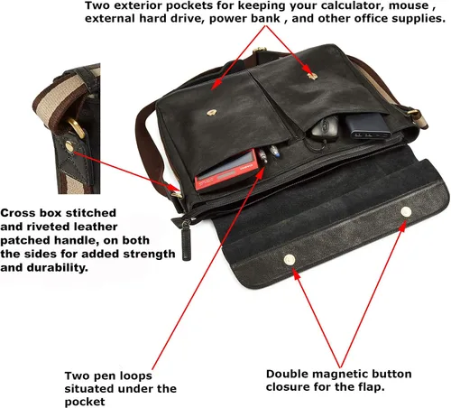 Miniatura 3 de Bolso de cuero real para computadora portátil, para hombres y mujeres, estilo vintage, estilo mensajero, bolso de hombro hasta 16 pulgadas