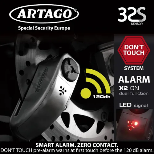 Miniatura 3 de ARTAGO 32 Cerradura de disco para motocicleta de última generación 2 en 1 Alarma inteligente, 120 dB, advertencia de no toque Exclusivo bloqueo