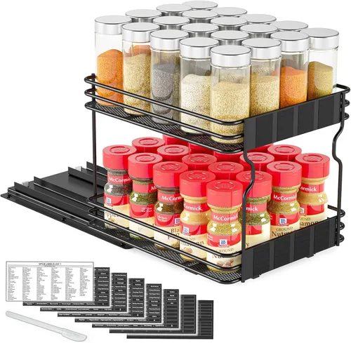 SpaceAid estante organizador de especias para gabinete, organizador de condimentos deslizante y resistente para armarios de cocina, con etiquetas,