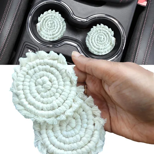 Miniatura 8 de Posavasos de algodón para portavasos de automóvil, 2 posavasos de automóvil, soporte para bebidas, bonitos accesorios para portavasos para mujeres