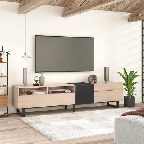 Virubi - Soporte de TV moderno con 3 gabinetes y estantes abiertos, centro de entretenimiento minimalista de madera para televisores de hasta 80