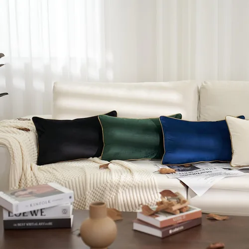 Miniatura 3 de Aeckself Paquete de 2 fundas de almohada lumbar de terciopelo negro puro, modernas, de lujo, decorativas, con borde dorado, cómoda, suave y sólida