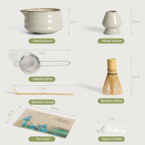 Miniatura 5 de Juego de cuencos de matcha, juego de matcha de cerámica con cuenco y batidor, soporte para batidor, tamiz, cuchara, reposapallo y toalla de té, kit