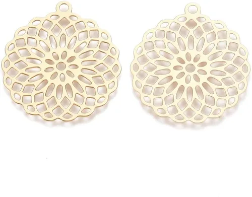 Miniatura 3 de Beadthoven - Colgantes de filigrana dorada clara, adornos de metal grabados, dijes de conector hueco para aretes, collares, accesorios para hacer