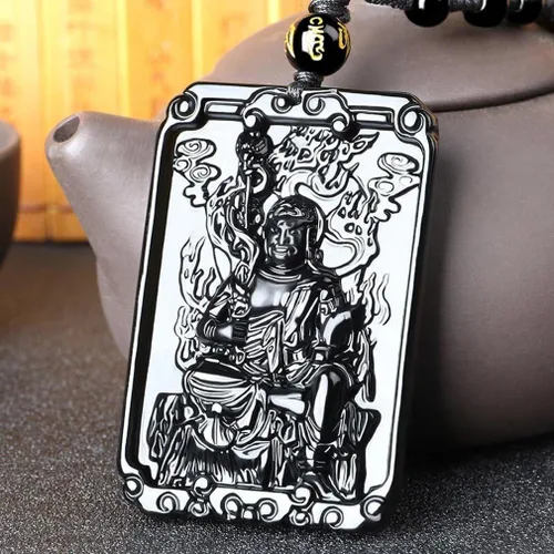 Miniatura 5 de Sánscrito de obsidiana genuina tallada a mano collar de Buda inamovible, collar de amuleto, Obsidiana