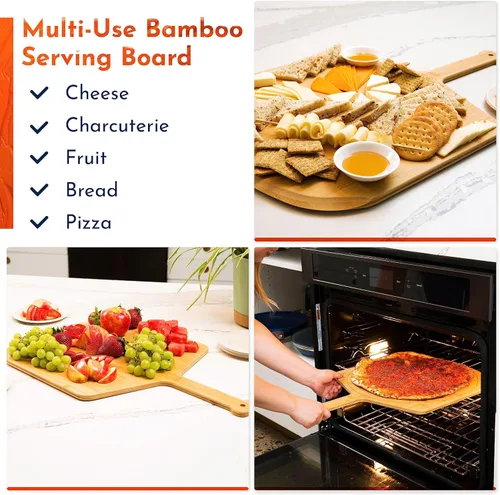 Miniatura 3 de Pizarra de madera de 16 pulgadas con tamaños grabados, tabla de cortar de pizza de bambú multiusos, cáscara de pizza de madera, espátula de pizza