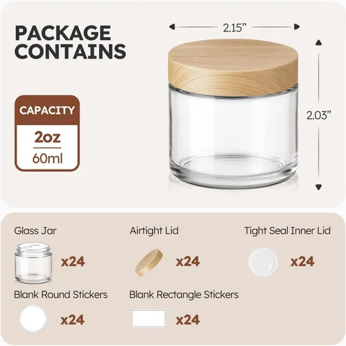 Miniatura 3 de 2 OZ Glass Jars with Lids, 24 Pack Small Glass Containers with Plastic Woodgrain Lids & Inner Liners, Reusable Travel Containers for Creams, Makeup