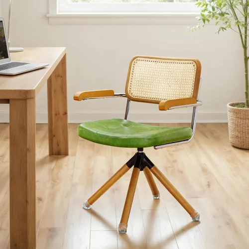 Zouron Silla de escritorio moderna de mediados de siglo, silla de oficina de piel sintética sin ruedas, sillón giratorio con respaldo de ratán y