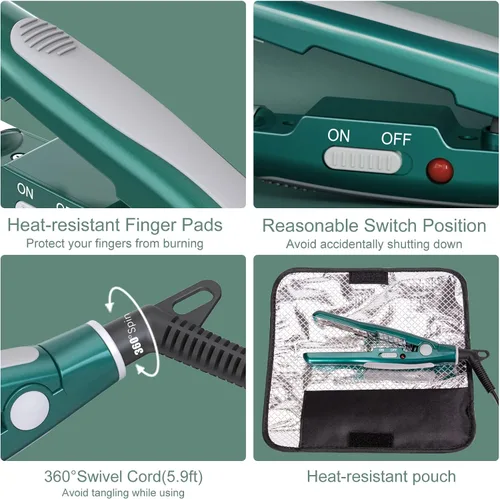 Miniatura 5 de Plancha plana pequeña para corte de pelo Pixie: alisadora de platos curvados de nanotanio de 1/2 pulgada, mini alisador de pelo de viaje para Verde